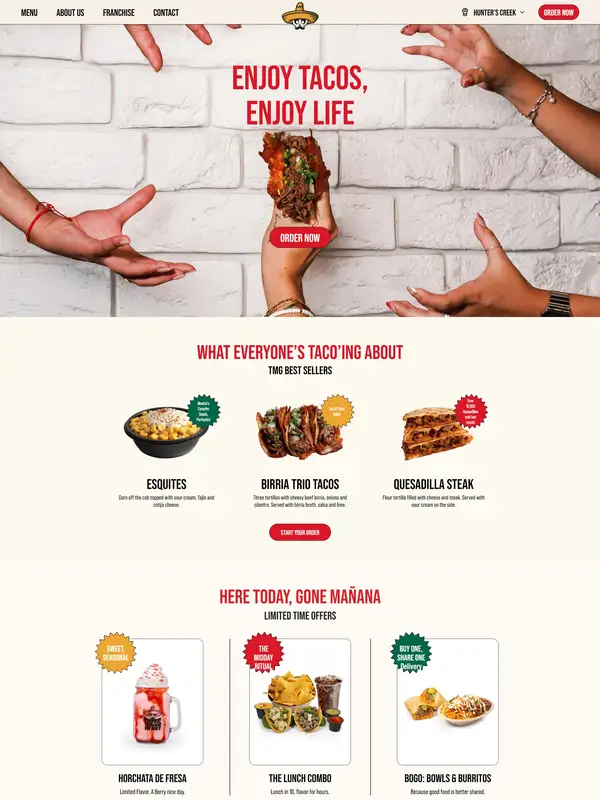 Главная Tacos My Guey, тематика — Еда и напитки, цвета — Белый, Серый, стиль — Карточный, типографика — Без засечек, Декоративные