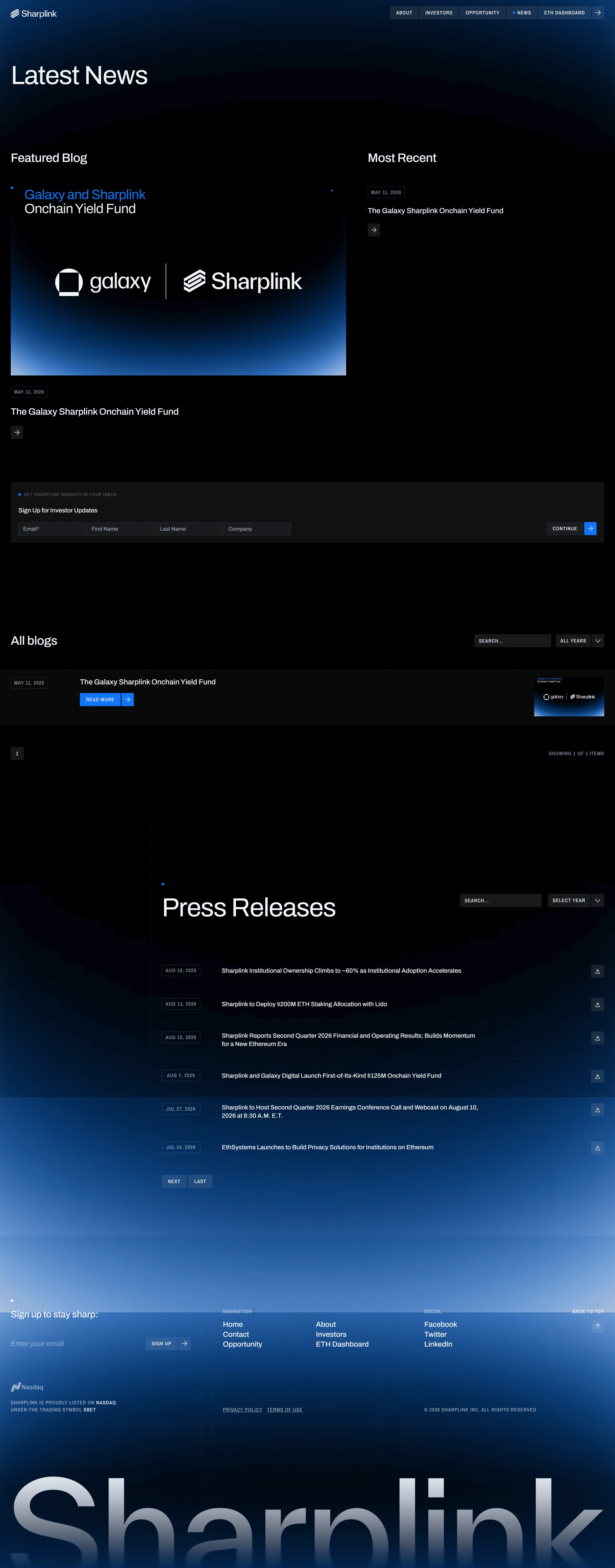 Sharplink Новости Sharplink, тематика — Крипто и блокчейн, цвета — Черный, Синий, стиль — Корпоративный, Минимализм, типографика — Без засечек
