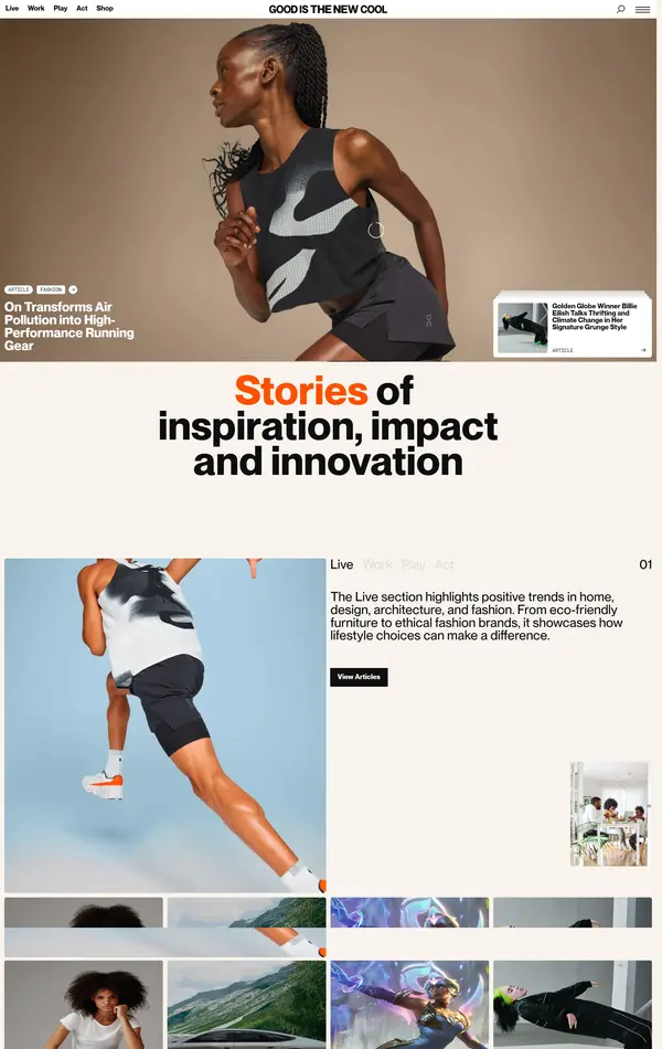 Страница о компании Good is the New Cool, тематика — Здоровье и фитнес, цвета — Белый, Черный, Серый, стиль — Фестивальный, типографика — Без засечек