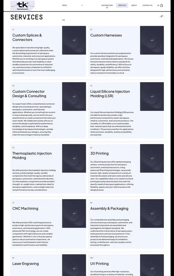 Страница о компании ThermoKonnect, тематика — Производство, цвета — Белый, Черный, стиль — Корпоративный, Минимализм, типографика — Без засечек