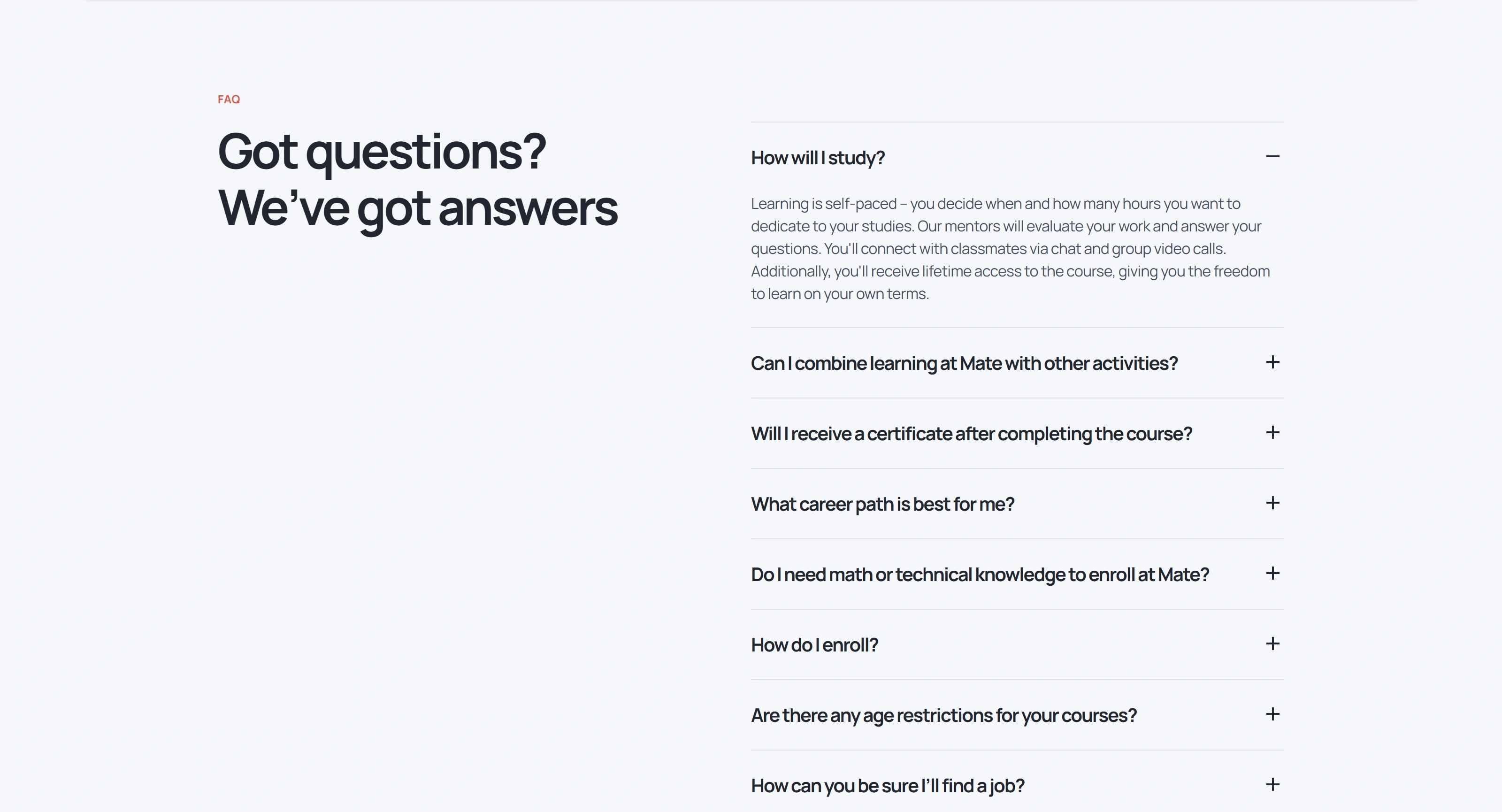 Mate academy Секция «FAQ» с сайта https://mate.academy/en, тематика — Образование, цвета — Белый, Серый, стиль — Минимализм, типографика — Без засечек