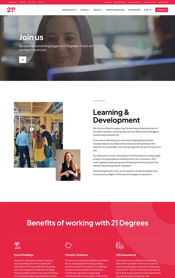 Страница карьеры 21 Degrees, тематика — Бизнес и профессиональные услуги, цвета — Белый, Серый, Красный, стиль — Корпоративный, типографика — Без засечек