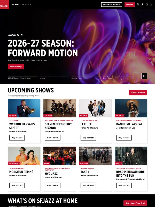 Главная SFJAZZ, тематика — Искусство, цвета — Белый, Черный, Серый, стиль — Карточный, Фестивальный, типографика — Без засечек, Декоративные