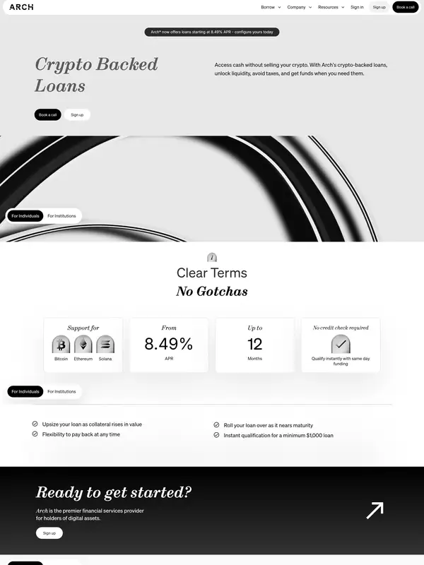 Лендинг Arch Lending, тематика — Крипто  и блокчейн, цвета — Белый, стиль — Корпоративный, Минимализм, типографика — Без засечек