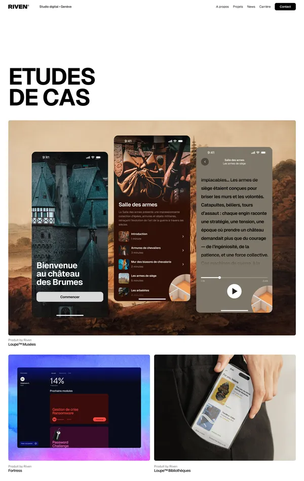 Портфолио Riven, тематика — Дизайн, цвета — Белый, Черный, Серый, стиль — Корпоративный, Фестивальный, типографика — Декоративные, Без засечек
