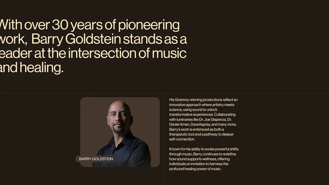 Секция «Об авторе» с сайта https://www.quantumbody.io/, тематика — Музыка, цвета — Черный, стиль — Минимализм, типографика — Без засечек