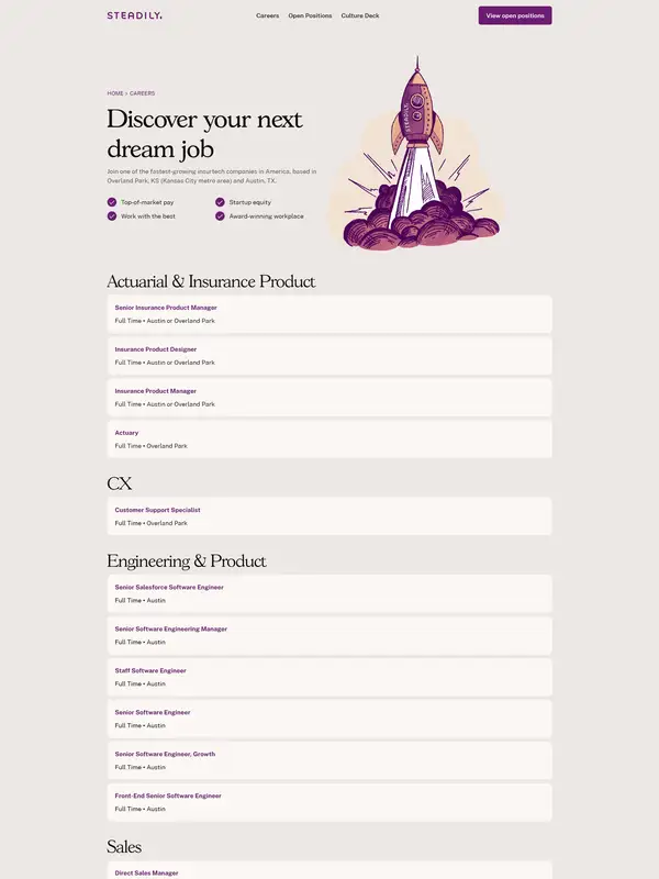 Страница карьеры Steadily, тематика — Недвижимость, цвета — Белый, стиль — Корпоративный, Минимализм, типографика — Без засечек, Декоративные