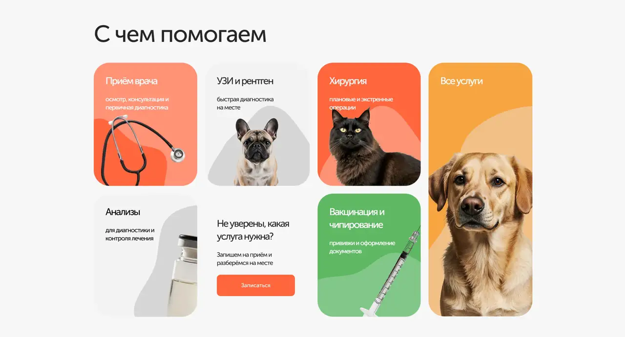 Секция «Услуги» с сайта https://dobriyhvost.ru/, тематика — Домашние животные, цвета — Белый, Серый, Розовый, стиль — Карточный, Минимализм, типографика — Без засечек