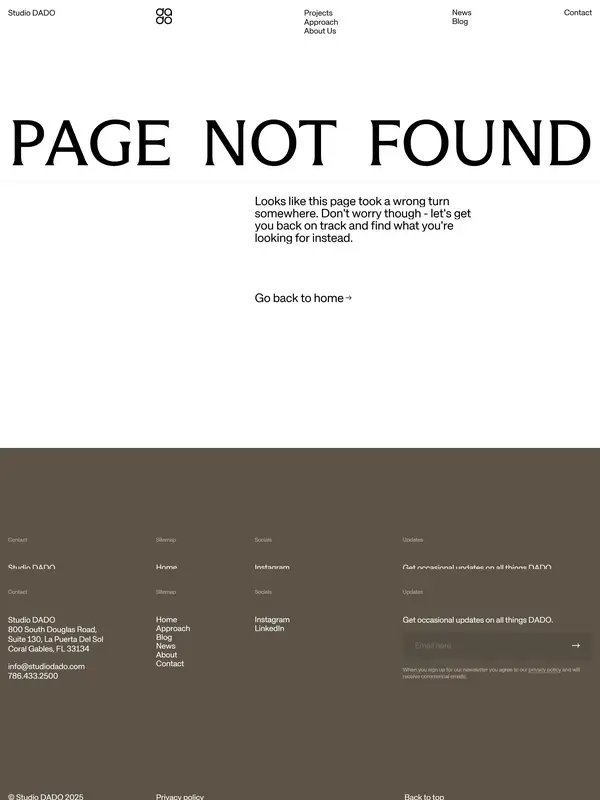 404-страница Studio Dado, тематика — Дизайн, цвета — Белый, Серый, Коричневый, стиль — Минимализм, типографика — С засечками