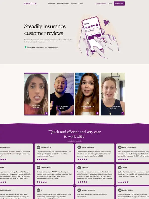 Отзывы Steadily, тематика — Недвижимость, цвета — Белый, Черный, Серый, стиль — Корпоративный, Карточный, типографика — Без засечек