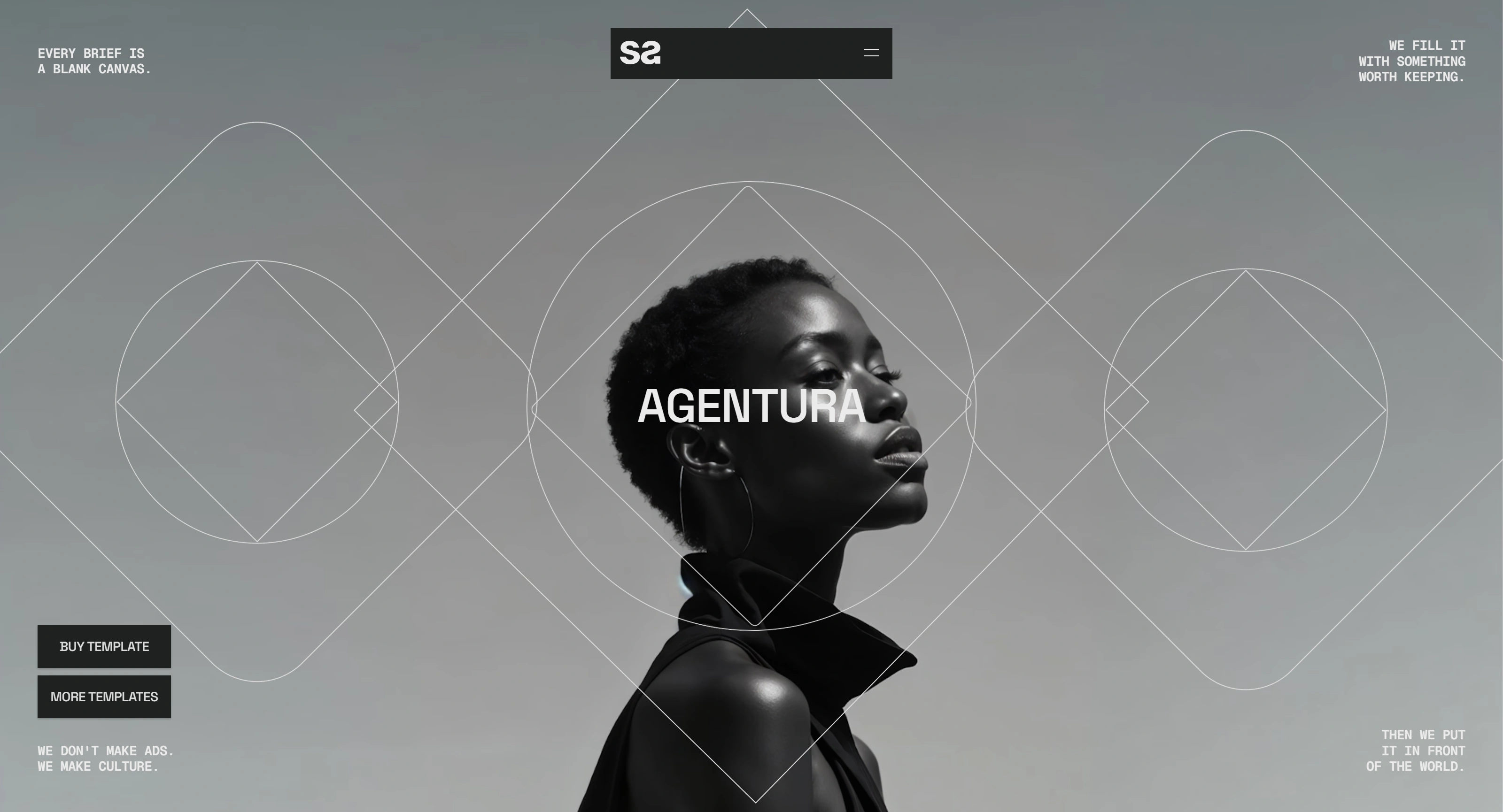 Agentura Секция «Первый экран» с сайта https://agentura.framer.website/, тематика — Агентство , цвета — Черный, Серый, стиль — Минимализм, типографика — Без засечек, Декоративные