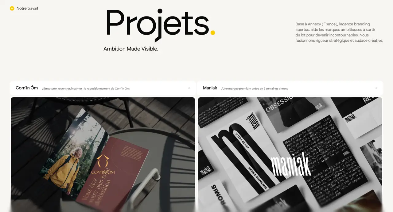 Секция «Портфолио» с сайта https://www.weareapertus.fr/, тематика — Агентство , цвета — Белый, Черный, Серый, стиль — Минимализм, Типографика, типографика — Без засечек, Декоративные