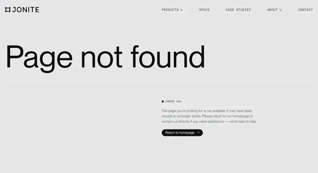 404-страница Jonite, тематика — Другое, цвета — Белый, стиль — Минимализм, типографика — Без засечек