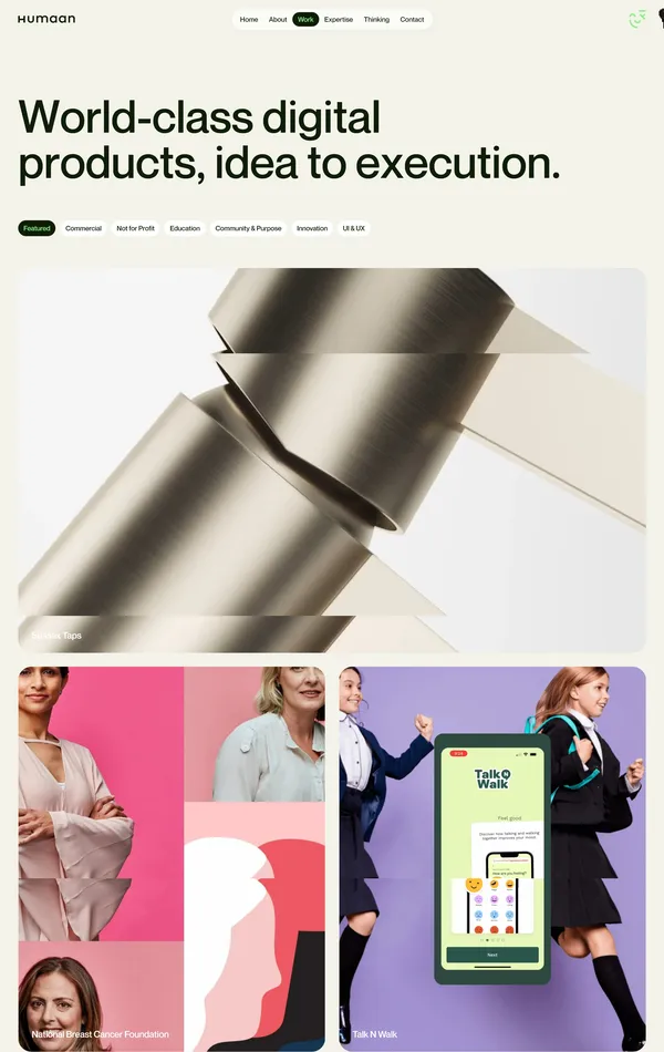 Портфолио Humaan, тематика — Дизайн, IT и программное обеспечение, цвета — Белый, Черный, Серый, стиль — Корпоративный, типографика — Без засечек