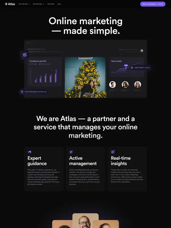 Лендинг Atlas, тематика — Маркетинг, цвета — Черный, стиль — Корпоративный, Минимализм, типографика — Без засечек