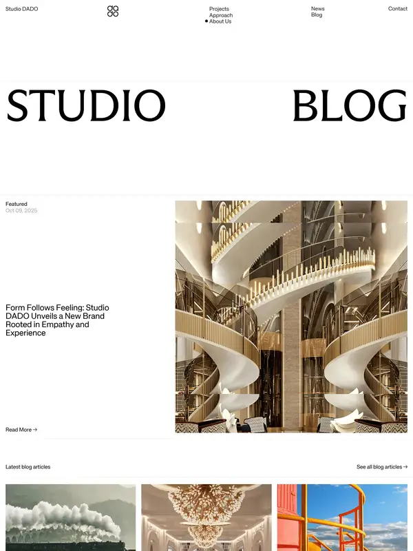 Блог Studio Dado, тематика — Дизайн, цвета — Белый, Серый, Коричневый, стиль — Корпоративный, Минимализм, типографика — Без засечек, Декоративные