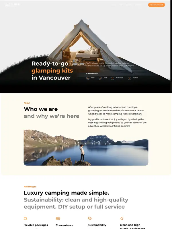 Лендинг Glamp It Now, тематика — Размещение, цвета — Белый, Черный, Серый, стиль — Минимализм, Органический и природный, типографика — Без засечек, Декоративные