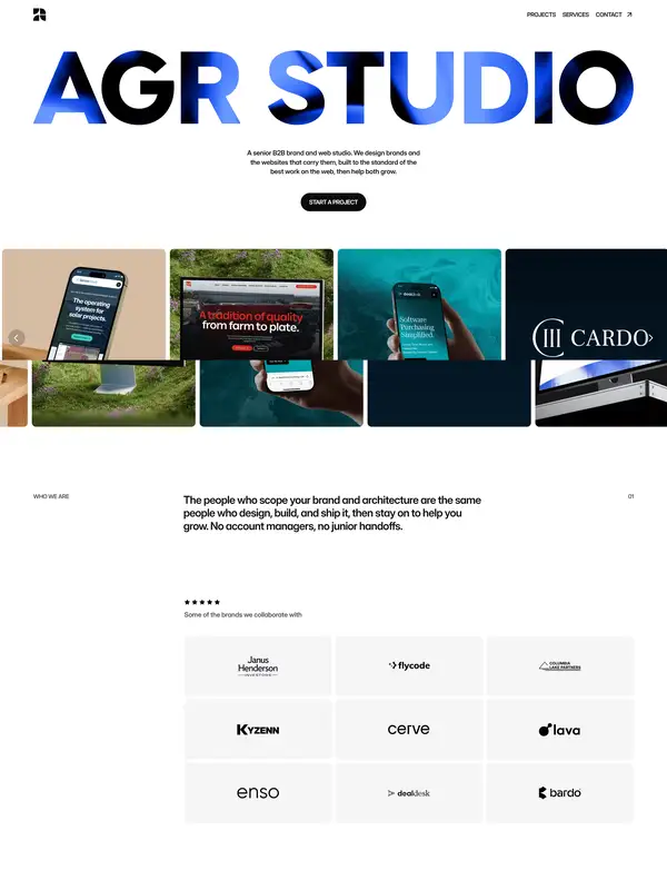 Главная AGR Studio, тематика — Агентство , цвета — Белый, Черный, Серый, стиль — Корпоративный, Минимализм, типографика — Без засечек, Декоративные