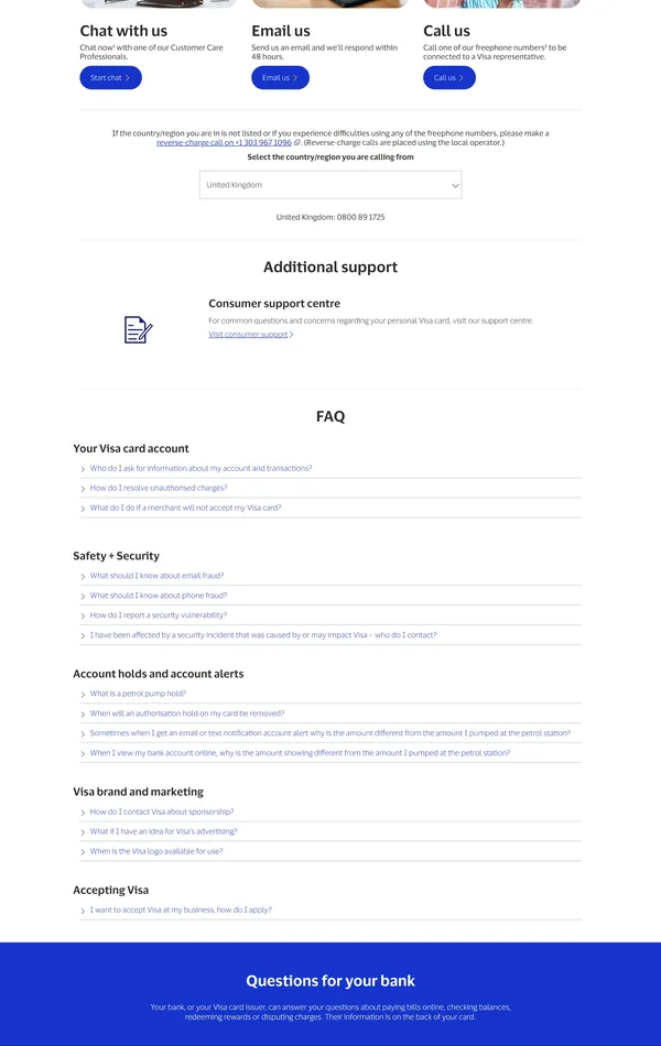 Контакты visa, тематика — Финансы, цвета — Белый, стиль — Корпоративный, типографика — Без засечек