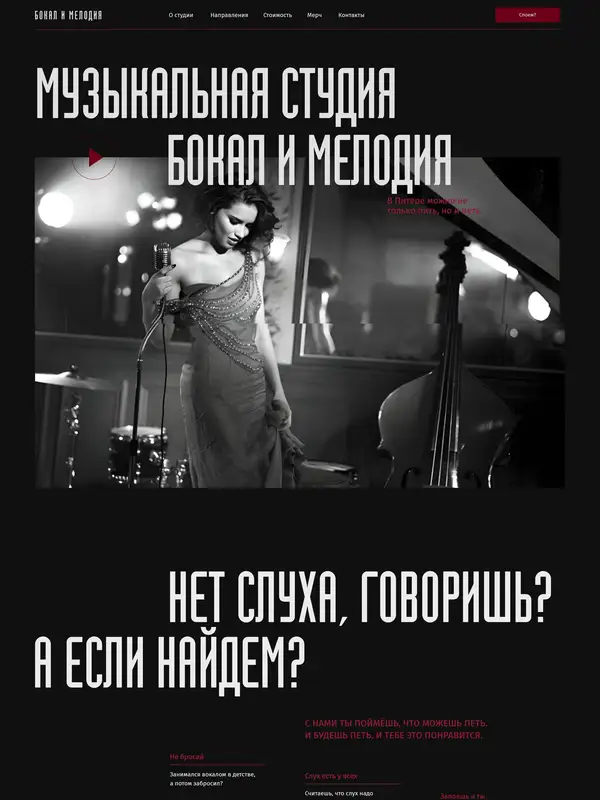 Лендинг Бокал и мелодия, тематика — Музыка, цвета — Черный, Серый, стиль — Брутализм, типографика — Без засечек, Декоративные