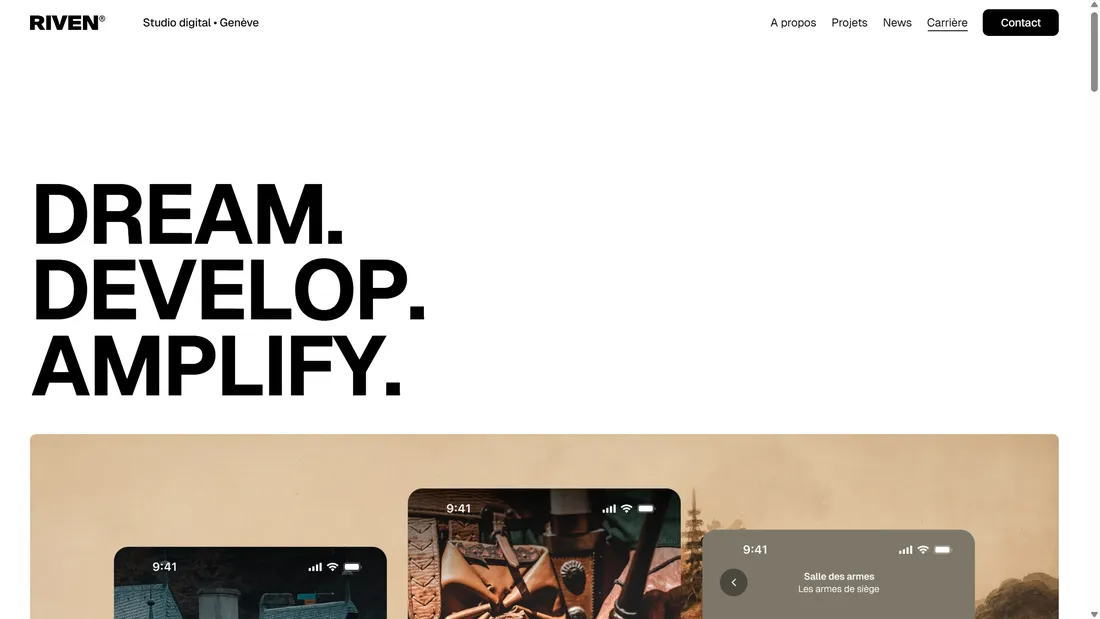 Секция «Услуги» с сайта https://riven.ch/, тематика — Дизайн, Агентство , цвета — Белый, Серый, Желтый, стиль — Минимализм, Типографика, типографика — Без засечек