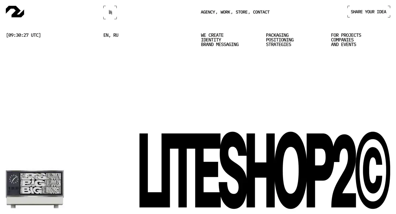 Секция «Первый экран» с сайта https://liteshop.design/en/, тематика — Агентство , цвета — Белый, Черный, Серый, стиль — Минимализм, Брутализм, типографика — Без засечек, Декоративные