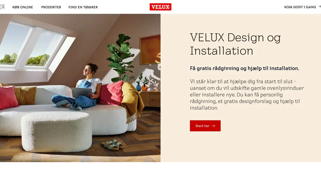 Секция «Услуги» с сайта https://www.velux.dk/, тематика — Строительство, цвета — Белый, Серый, Коричневый, стиль — Корпоративный, типографика — Без засечек