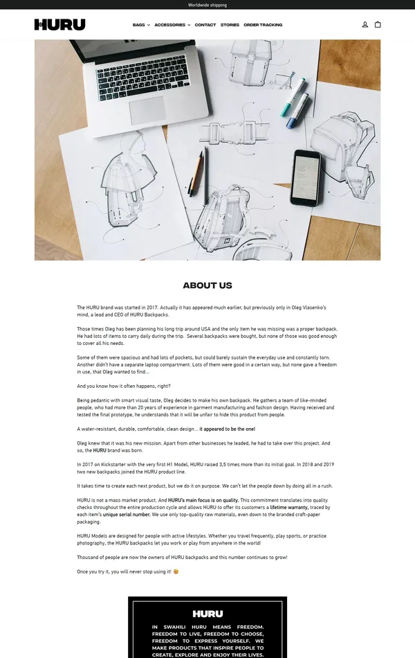 Страница о компании HURU, тематика — Интернет-магазин, Одежда, цвета — Белый, Черный, Серый, стиль — Корпоративный, Минимализм, типографика — Без засечек