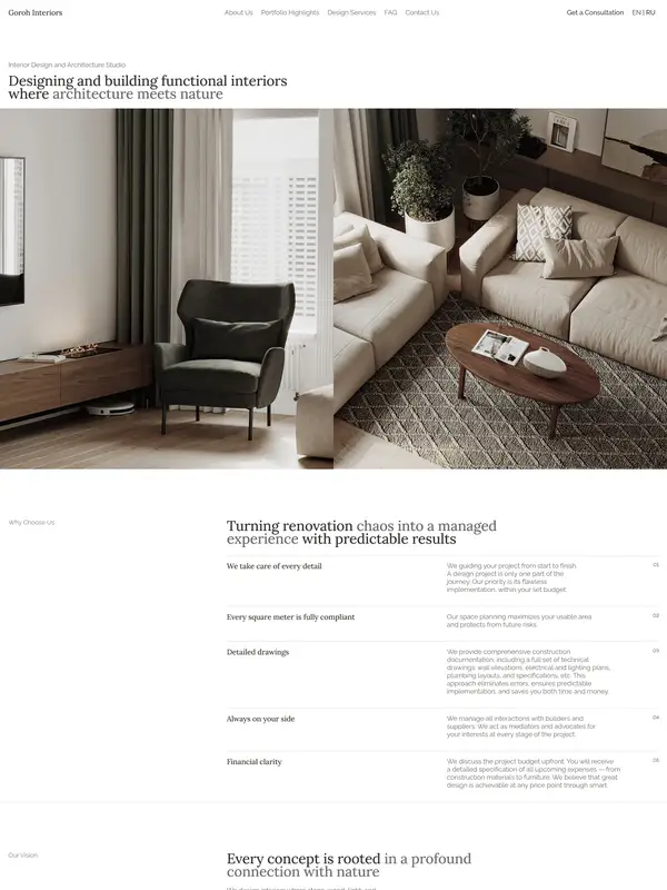 Лендинг Goroh Interiors, тематика — Дизайн, цвета — Белый, Черный, Серый, стиль — Корпоративный, Минимализм, типографика — Без засечек