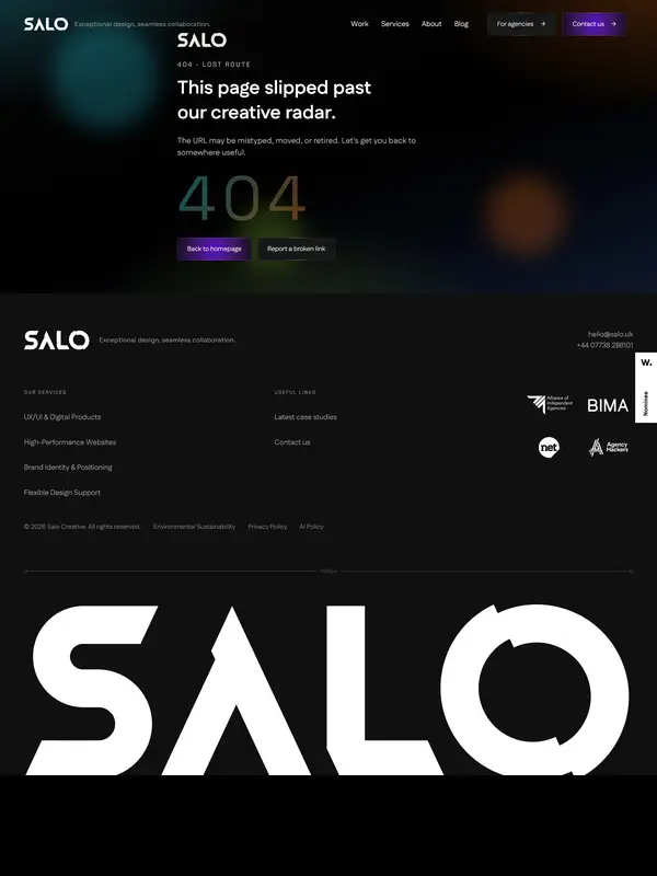 404-страница Salo, тематика — Агентство , цвета — Черный, стиль — Корпоративный, Минимализм, типографика — Без засечек
