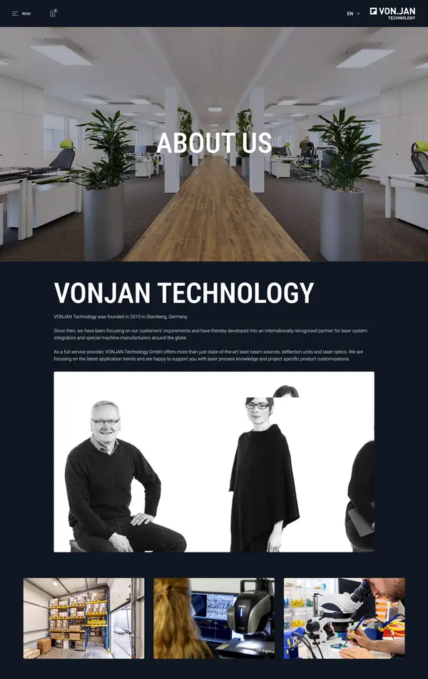 Страница о компании VONJAN, тематика — IT и программное обеспечение, цвета — Белый, Черный, Серый, стиль — Корпоративный, Минимализм, типографика — Без засечек