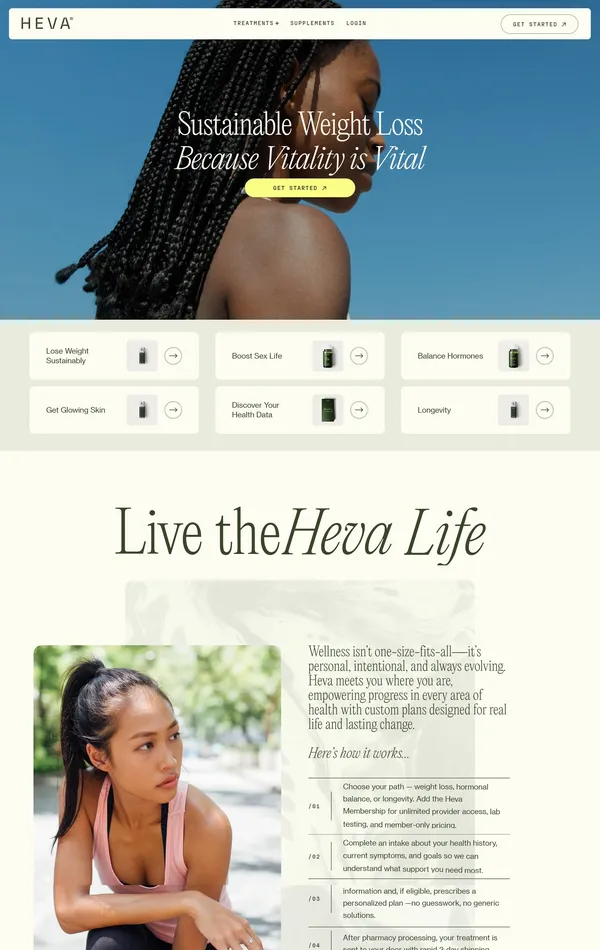 Главная Heva Health, тематика — Здоровье и фитнес, цвета — Белый, Серый, стиль — Корпоративный, типографика — С засечками, Без засечек