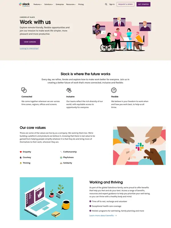 Страница карьеры Slack, тематика — SaaS, цвета — Белый, Серый, стиль — Корпоративный, Минимализм, типографика — Без засечек