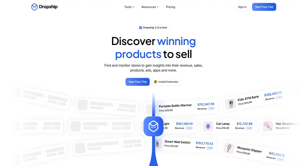 Секция «Первый экран» с сайта https://www.dropship.io/, тематика — SaaS, цвета — Белый, стиль — Корпоративный, Карточный, Минимализм, типографика — Без засечек