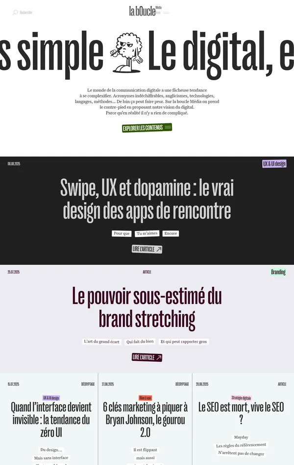 Главная la boucle Média, тематика — Медиа, Дизайн, цвета — Белый, Черный, Серый, стиль — Типографика, Брутализм, типографика — Без засечек, Декоративные