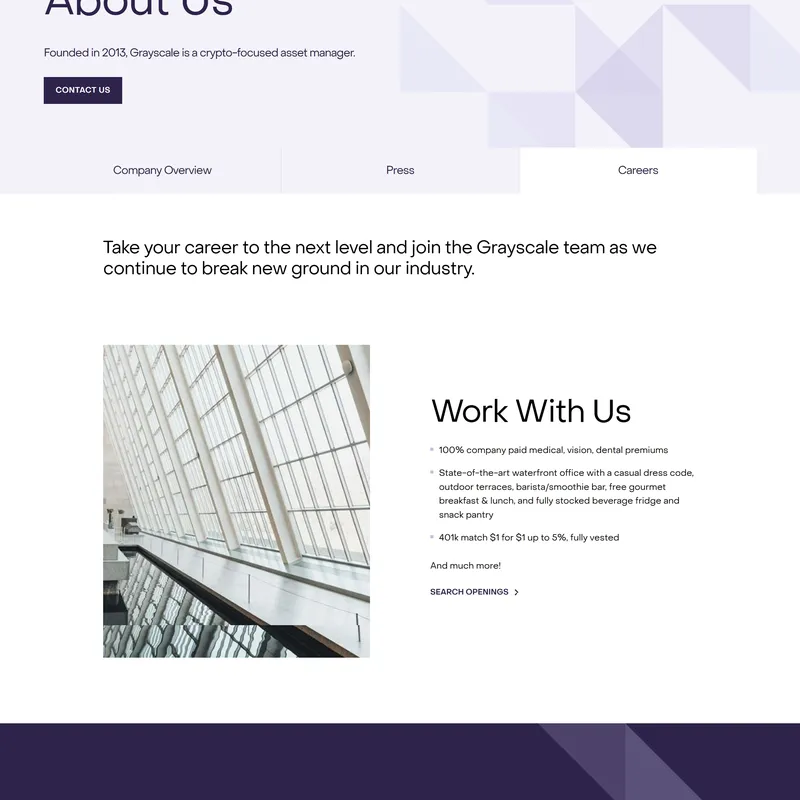 Страница карьеры Grayscale, тематика — Крипто  и блокчейн, цвета — Белый, Черный, стиль — Корпоративный, Минимализм, типографика — Без засечек