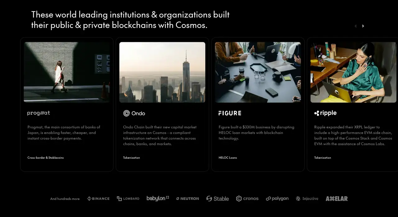 Секция «Партнеры» с сайта https://cosmos.network/, тематика — Крипто  и блокчейн, цвета — Черный, стиль — Корпоративный, Карточный, типографика — Без засечек