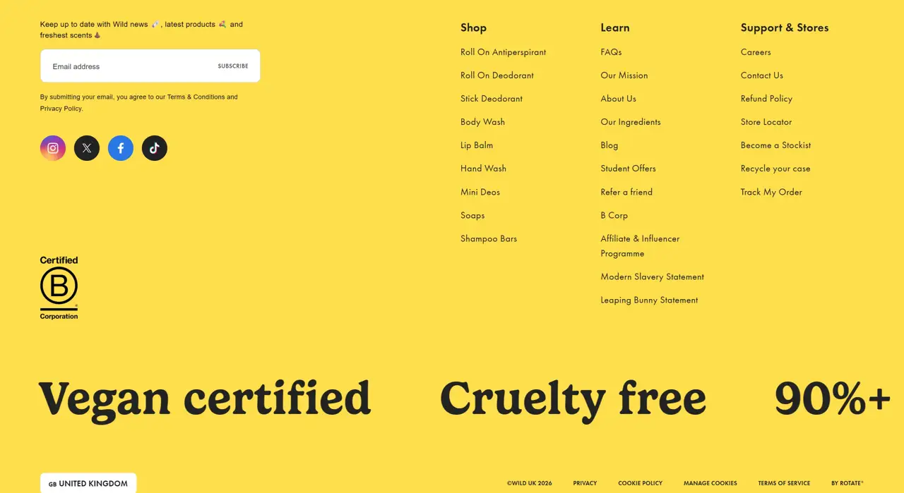 Секция «Футер» с сайта https://wearewild.com/, тематика — Здоровье и фитнес, цвета — Желтый, стиль — Минимализм, типографика — Без засечек