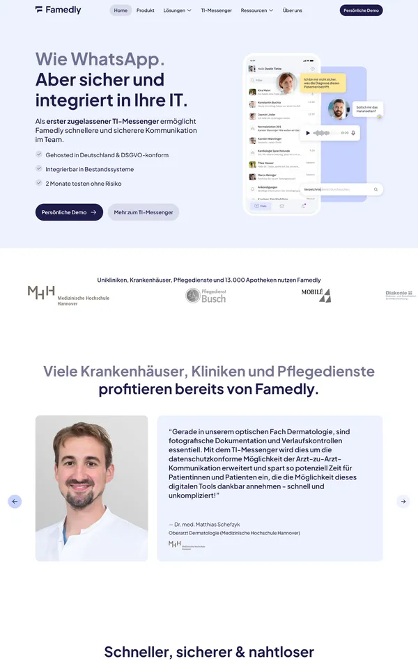Главная Famedly, тематика — IT и программное обеспечение, цвета — Белый, стиль — Корпоративный, типографика — Без засечек