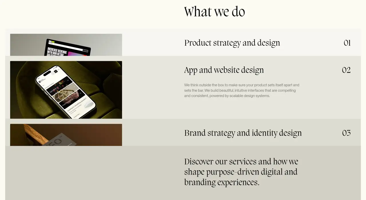 Секция «Услуги» с сайта https://estrela.studio/, тематика — Агентство , цвета — Белый, стиль — Корпоративный, Минимализм, типографика — С засечками