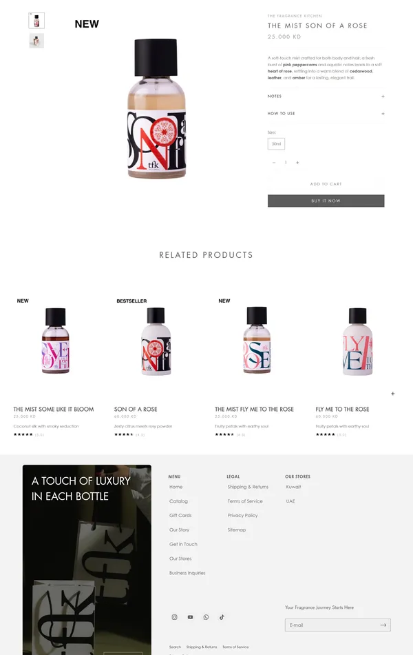 Секция «О продукте» с сайта https://www.tfk.com.kw/, тематика — Интернет-магазин, Красота, цвета — Белый, стиль — Корпоративный, Минимализм, типографика — Без засечек