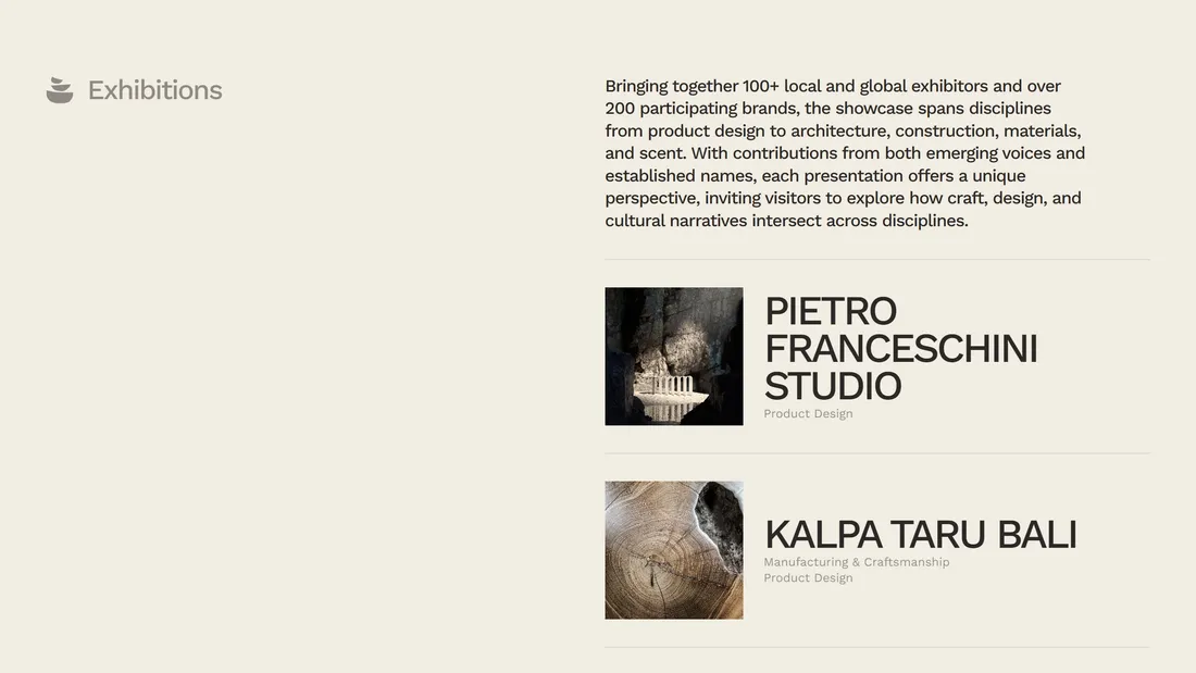 Секция «Контент» с сайта https://www.jiacurated.com/, тематика — Дизайн, цвета — Белый, стиль — Минимализм, типографика — Без засечек