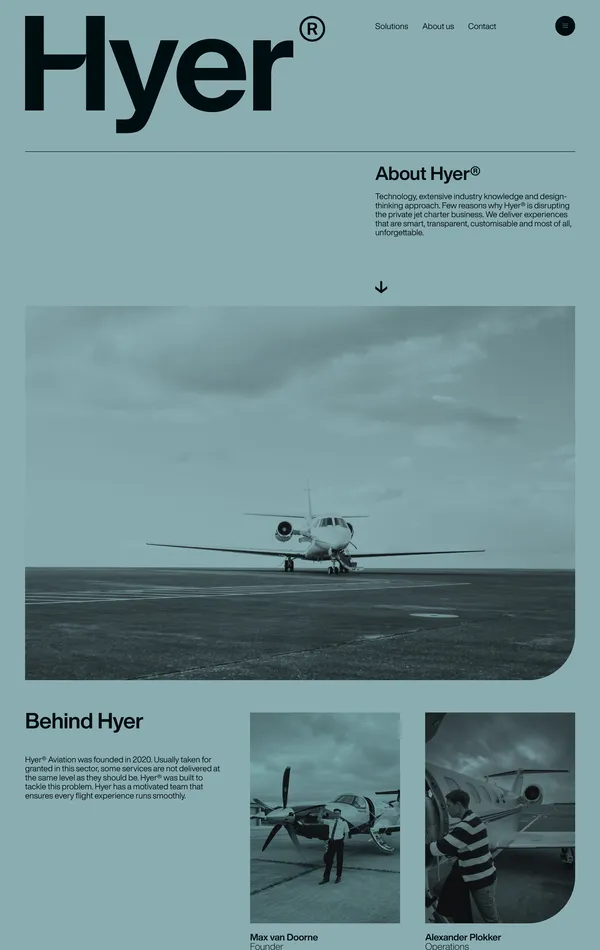 Страница о компании HYER, тематика — Путешествия и туризм, цвета — Серый, стиль — Корпоративный, Минимализм, типографика — Без засечек