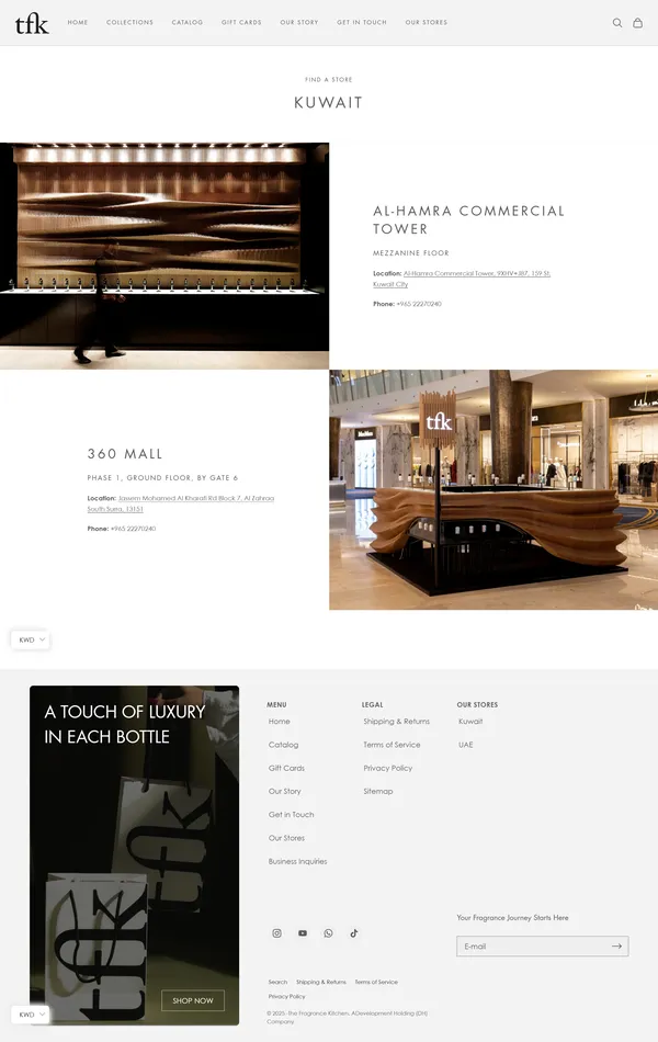 Секция «Контакты» с сайта https://www.tfk.com.kw/, тематика — Интернет-магазин, Красота, цвета — Белый, Черный, стиль — Корпоративный, Минимализм, типографика — Без засечек