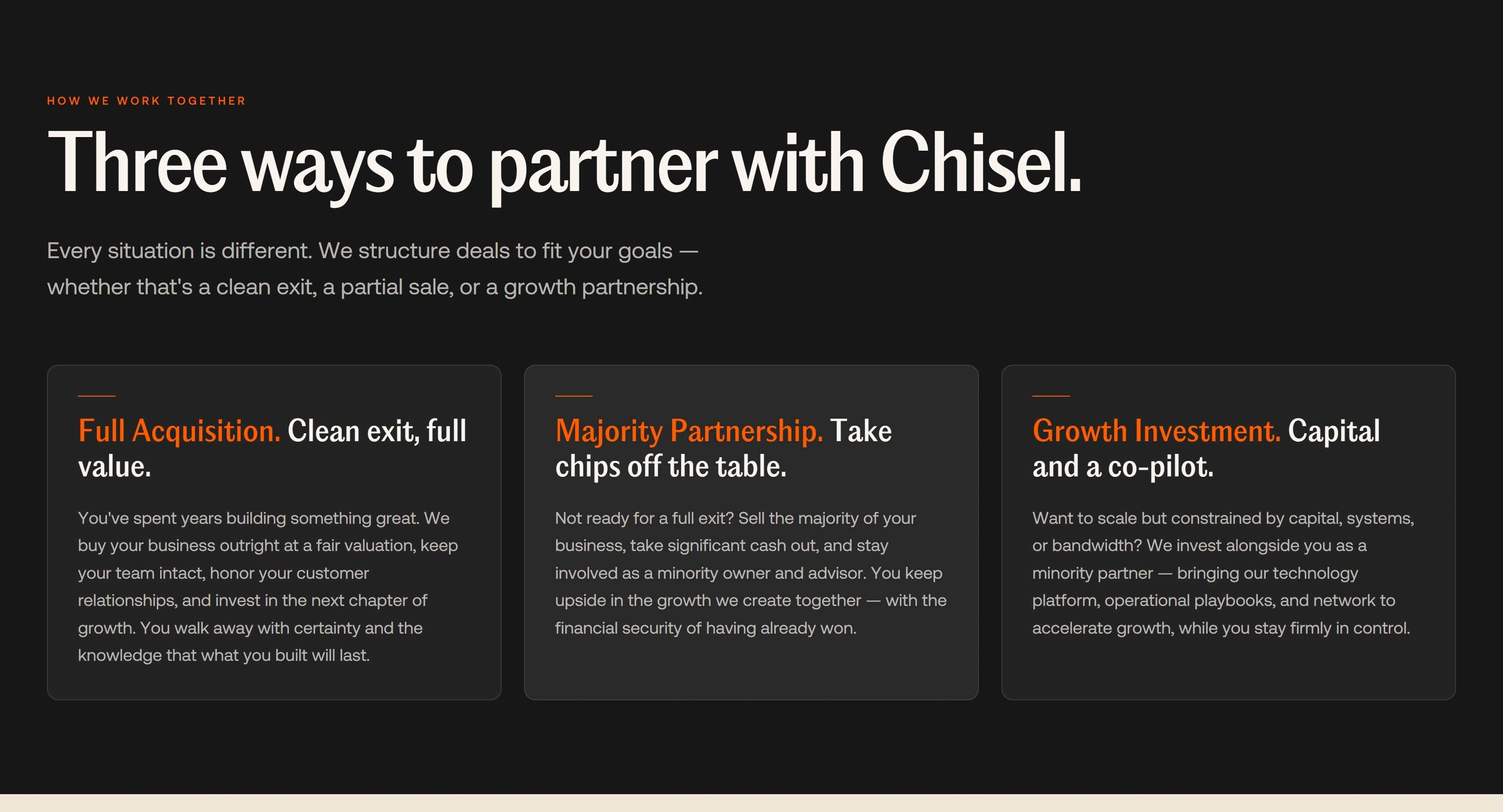 Chisel Industries Секция «Партнеры» с сайта https://www.chiselindustries.com/, тематика — Недвижимость, цвета — Черный, стиль — Корпоративный, Карточный, типографика — Без засечек, Декоративные