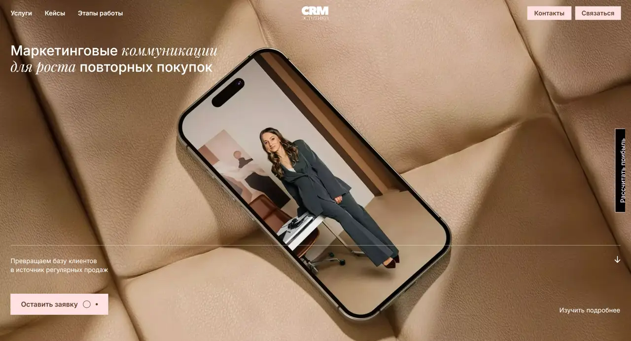 Секция «Первый экран» с сайта https://crmestetika.com/, тематика — Маркетинг, цвета — Серый, Розовый, Коричневый, стиль — Корпоративный, Минимализм, типографика — Без засечек, Рукописные