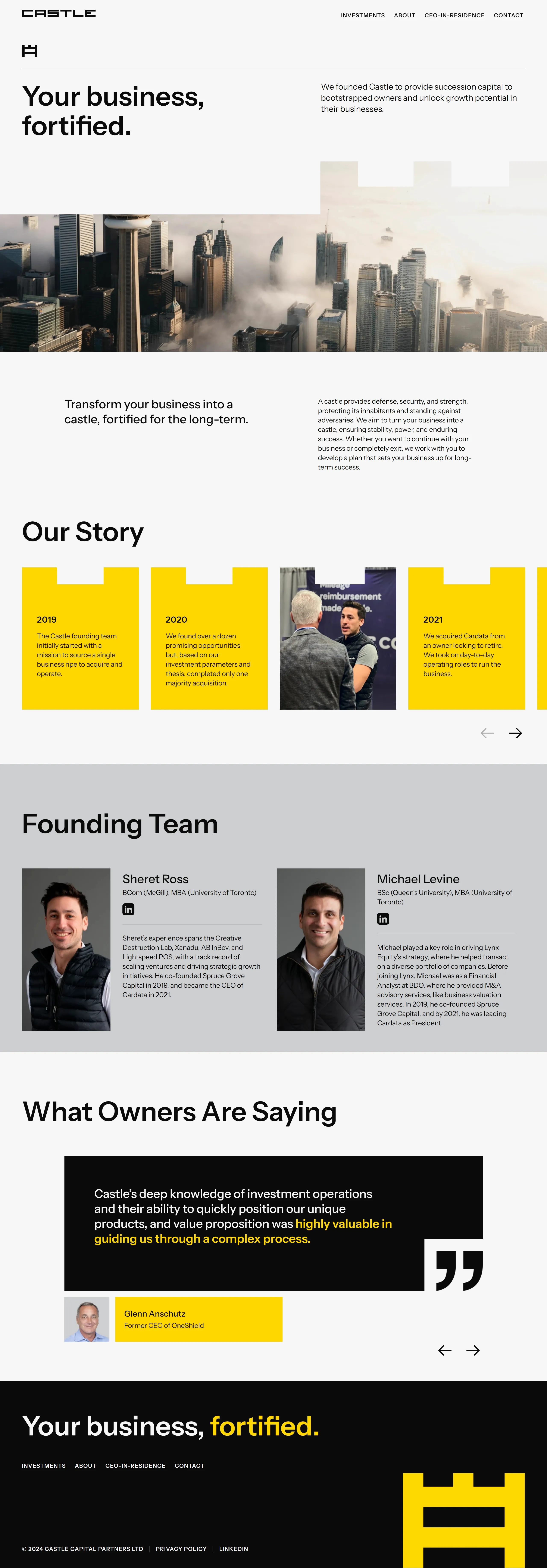 Castle Страница о компании Castle, тематика — Финансы, цвета — Белый, Черный, Серый, стиль — Корпоративный, Минимализм, типографика — Без засечек