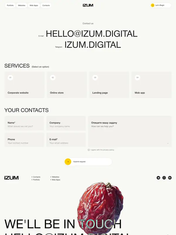 Контакты IZUM DESIGN, тематика — Дизайн, цвета — Белый, стиль — Корпоративный, Минимализм, типографика — Без засечек