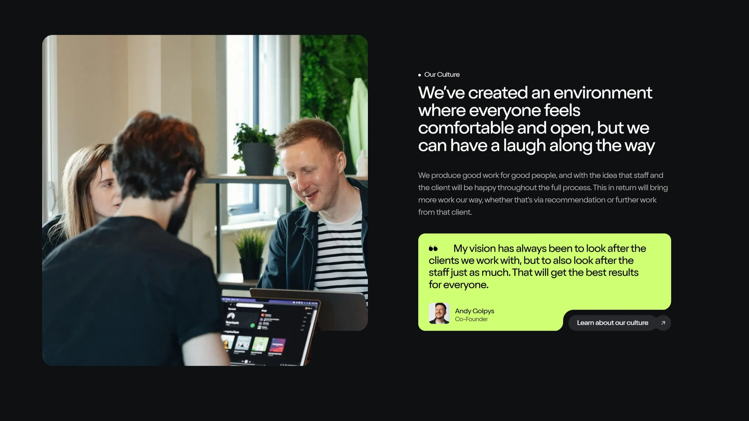 MadeByShape Секция «О компании» с сайта https://madebyshape.co.uk/, тематика — Агентство , цвета — Черный, Серый, стиль — Корпоративный, Минимализм, типографика — Без засечек