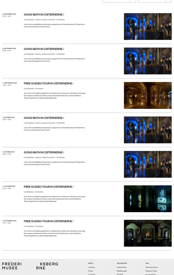 Секция «Расписание» с сайта https://frederiksbergmuseerne.dk/en/, тематика — Искусство, цвета — Белый, Черный, стиль — Минимализм, типографика — Без засечек